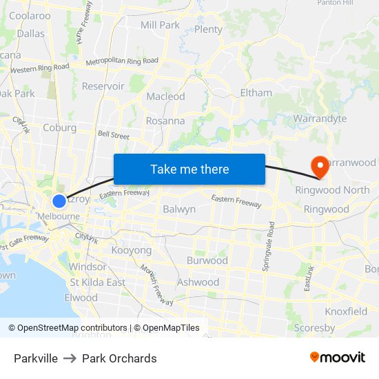 Parkville to Park Orchards map