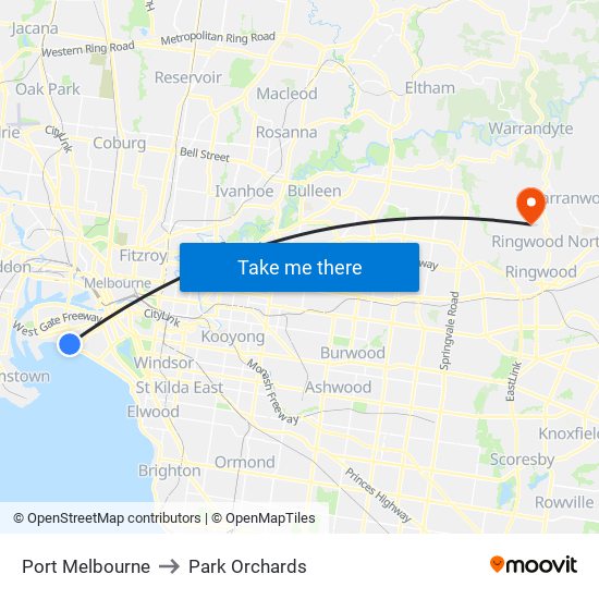 Port Melbourne to Park Orchards map