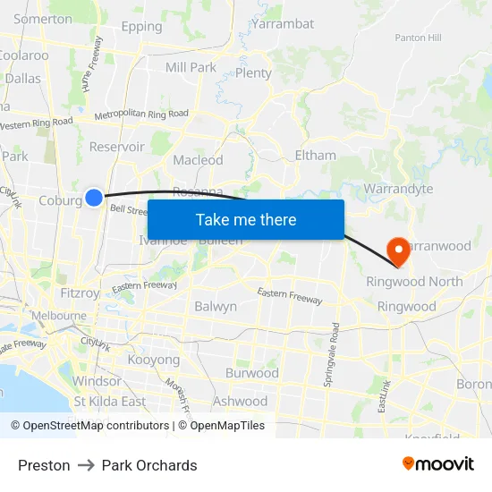 Preston to Park Orchards map