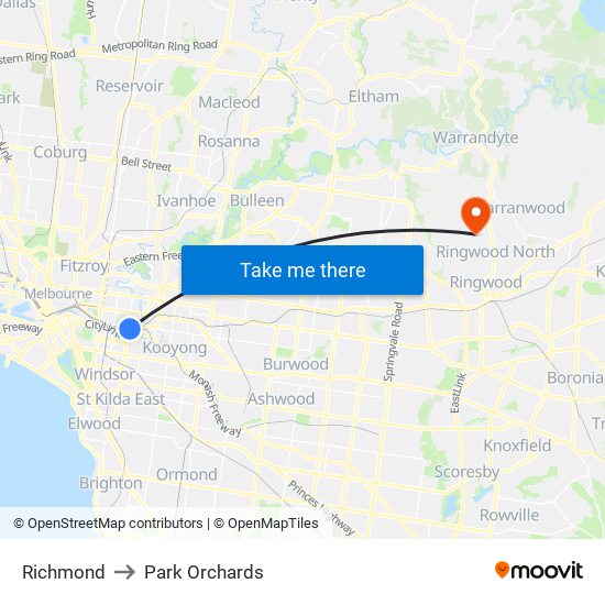 Richmond to Park Orchards map