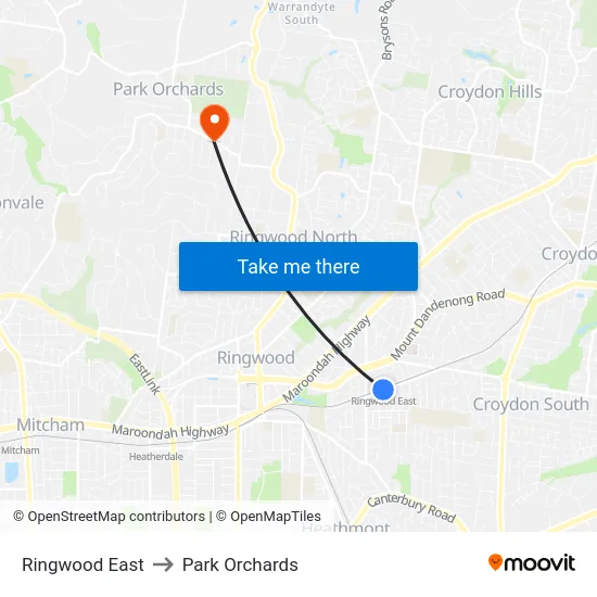 Ringwood East to Park Orchards map