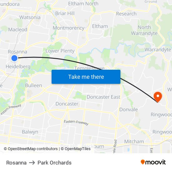 Rosanna to Park Orchards map