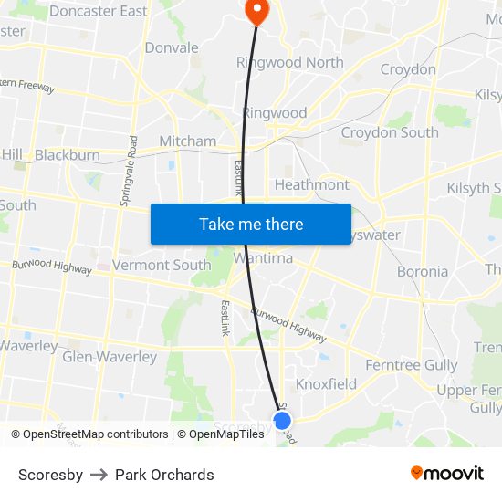 Scoresby to Park Orchards map