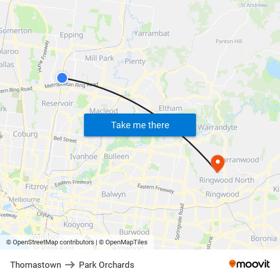 Thomastown to Park Orchards map