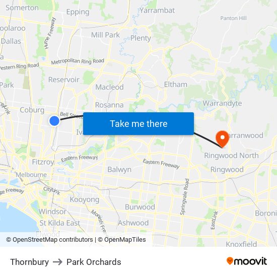 Thornbury to Park Orchards map