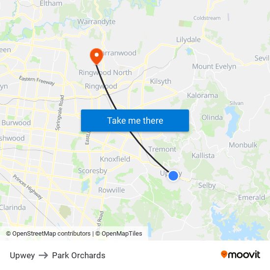 Upwey to Park Orchards map