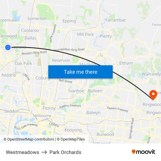 Westmeadows to Park Orchards map