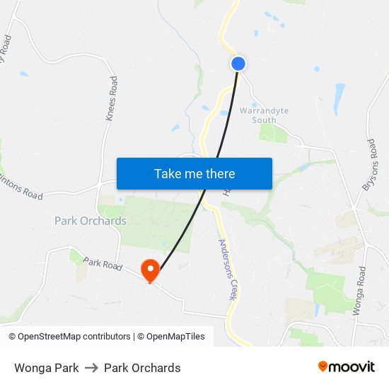 Wonga Park to Park Orchards map