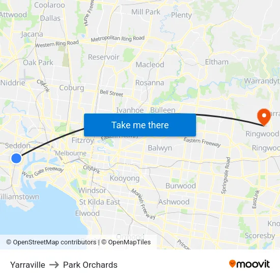 Yarraville to Park Orchards map