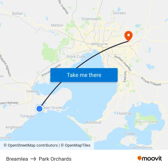 Breamlea to Park Orchards map