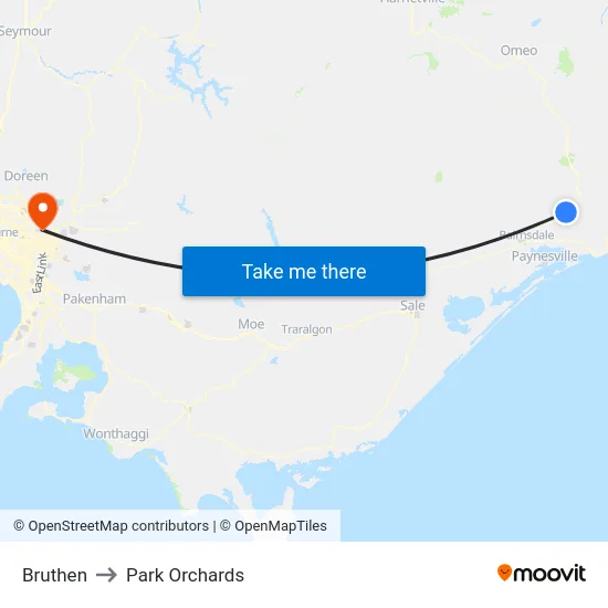Bruthen to Park Orchards map