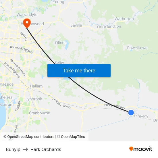 Bunyip to Park Orchards map