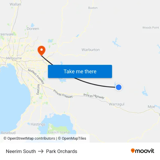 Neerim South to Park Orchards map