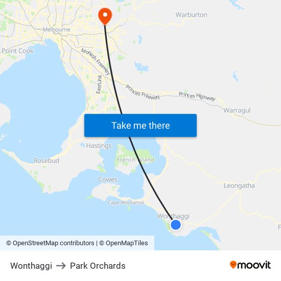 Wonthaggi to Park Orchards map