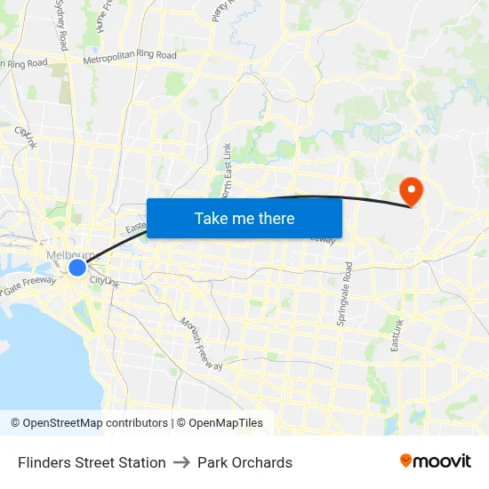 Flinders Street Station to Park Orchards map