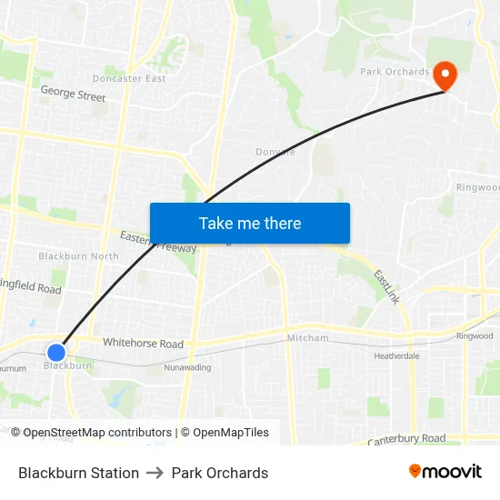 Blackburn Station to Park Orchards map