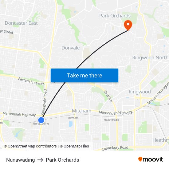 Nunawading to Park Orchards map