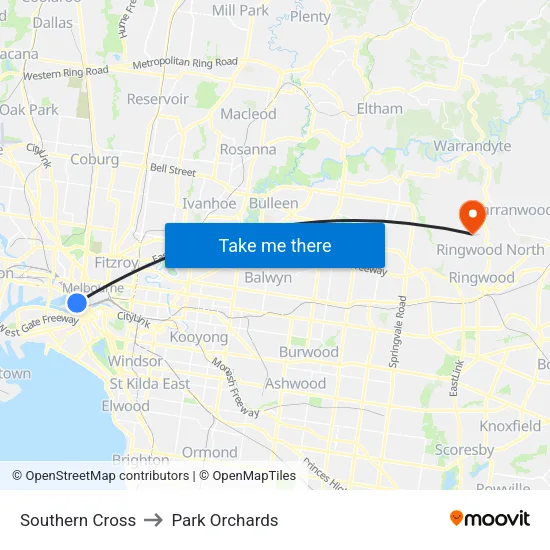 Southern Cross to Park Orchards map