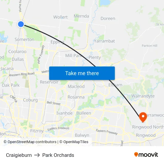 Craigieburn to Park Orchards map