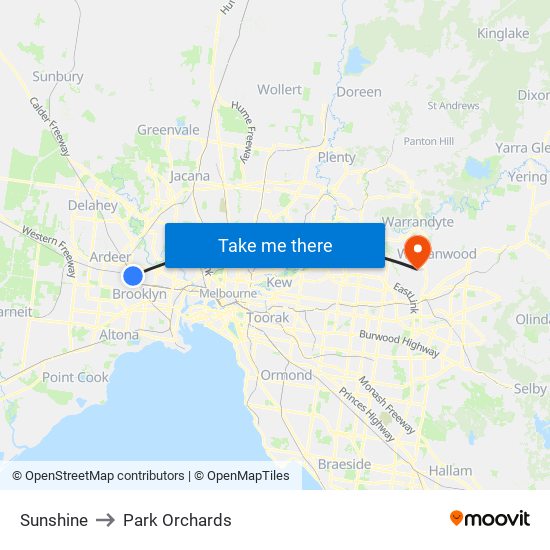 Sunshine to Park Orchards map