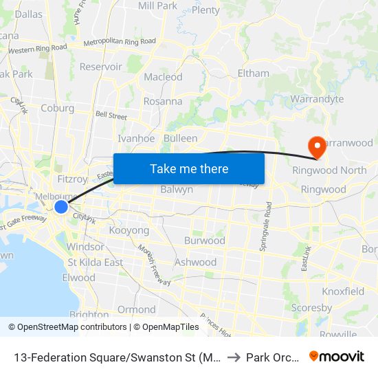 13-Federation Square/Swanston St (Melbourne City) to Park Orchards map