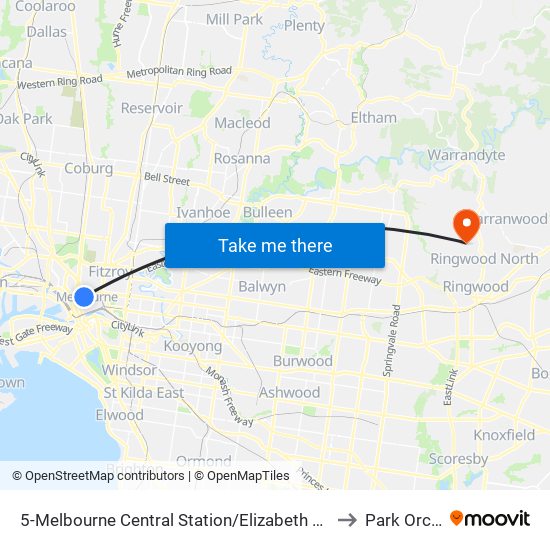 5-Melbourne Central Station/Elizabeth St (Melbourne City) to Park Orchards map