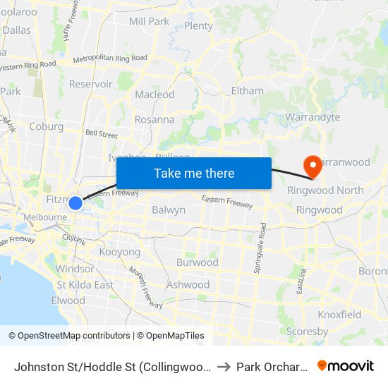 Johnston St/Hoddle St (Collingwood) to Park Orchards map