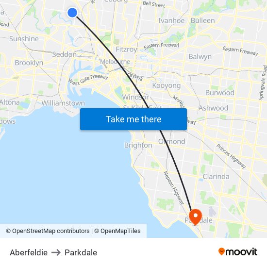 Aberfeldie to Parkdale map