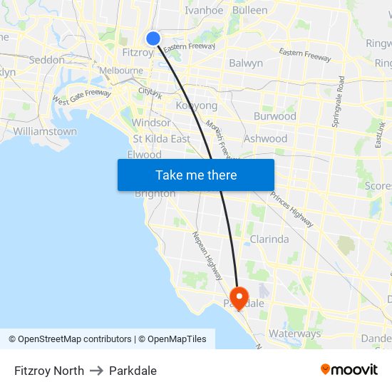 Fitzroy North to Parkdale map