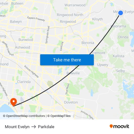 Mount Evelyn to Parkdale map