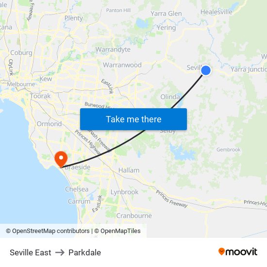 Seville East to Parkdale map