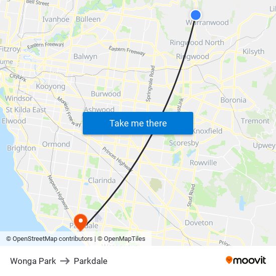 Wonga Park to Parkdale map