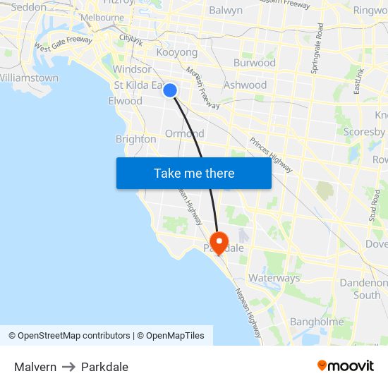 Malvern to Parkdale map