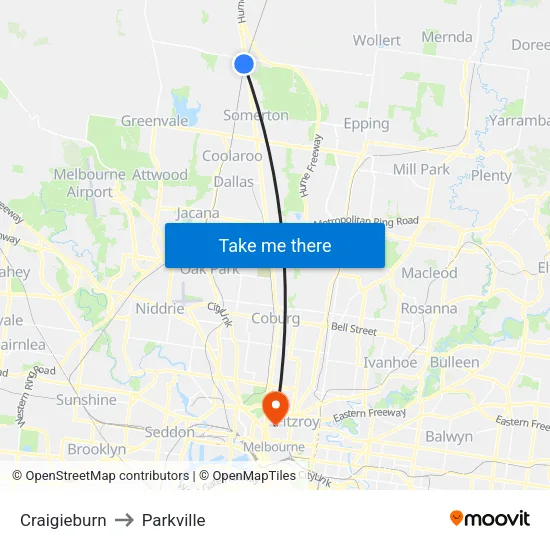 Craigieburn to Parkville map