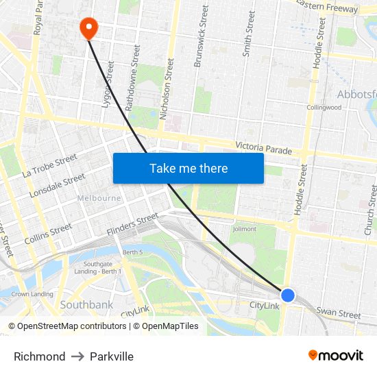 Richmond to Parkville map