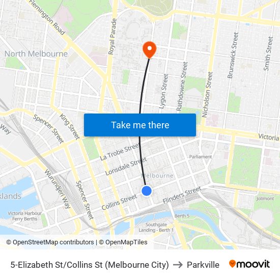 5-Elizabeth St/Collins St (Melbourne City) to Parkville map