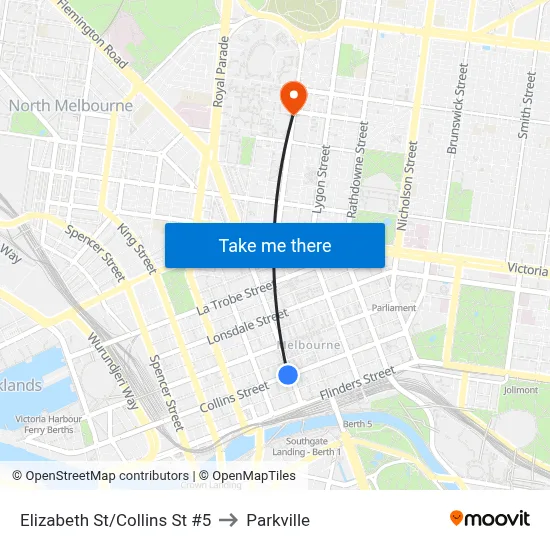 Elizabeth St/Collins St #5 to Parkville map