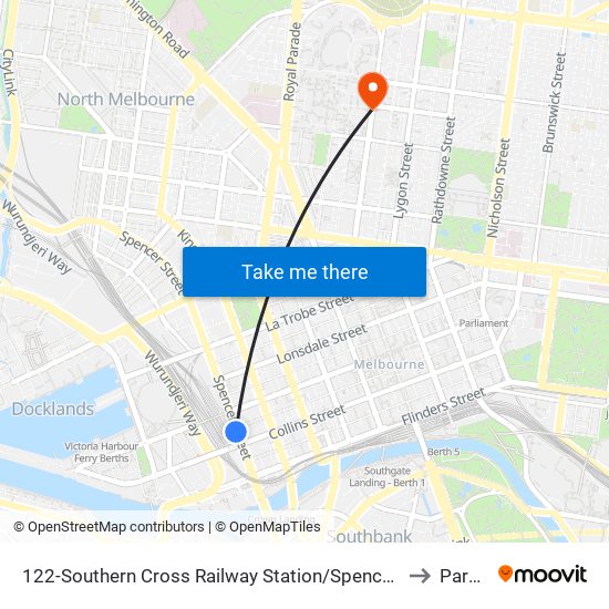 122-Southern Cross Railway Station/Spencer St (Melbourne City) to Parkville map