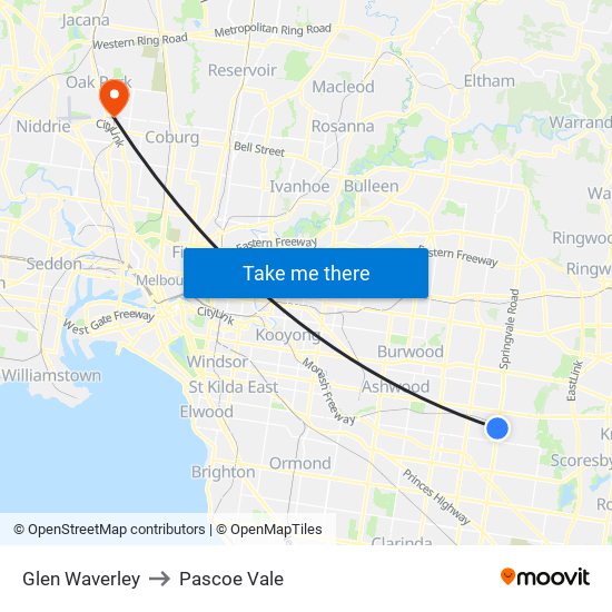 Glen Waverley to Pascoe Vale map