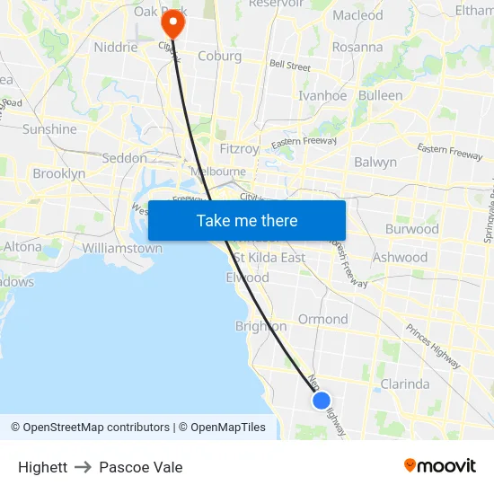 Highett to Pascoe Vale map
