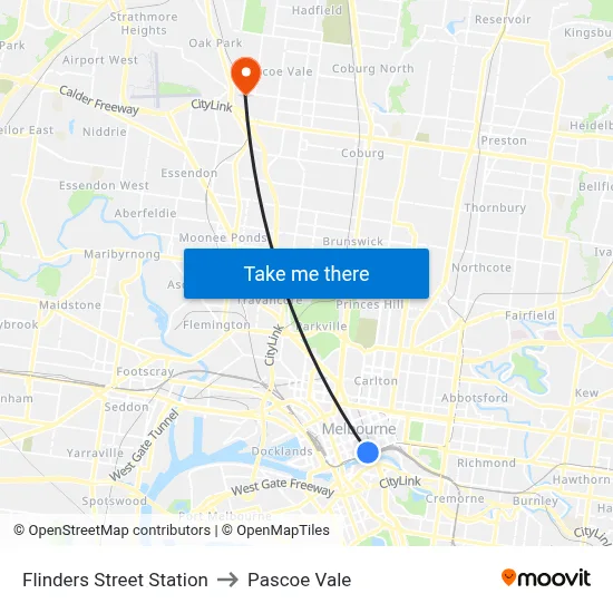 Flinders Street Station to Pascoe Vale map