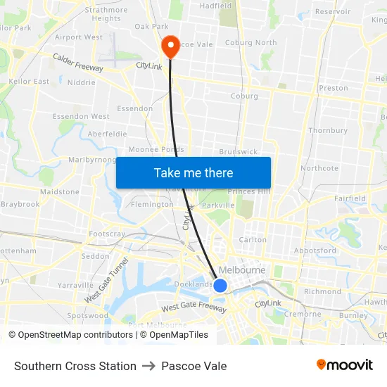 Southern Cross Station to Pascoe Vale map