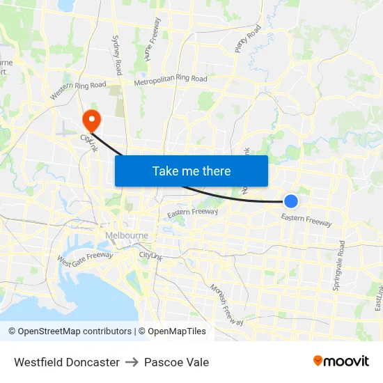 Westfield Doncaster to Pascoe Vale map