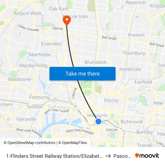 1-Flinders Street Railway Station/Elizabeth St (Melbourne City) to Pascoe Vale map