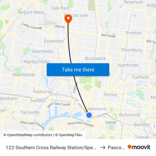 122-Southern Cross Railway Station/Spencer St (Melbourne City) to Pascoe Vale map