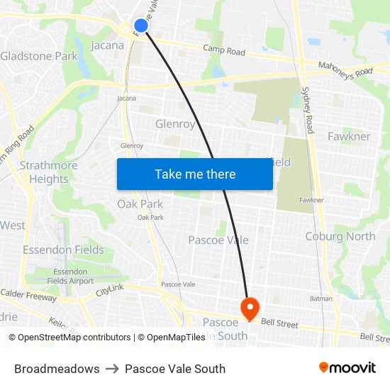 Broadmeadows to Pascoe Vale South map