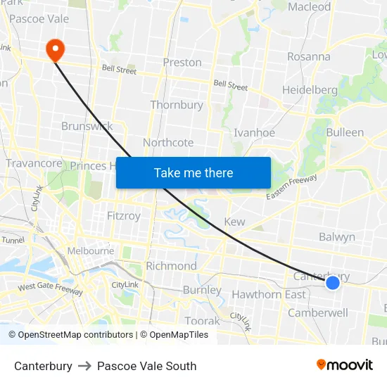 Canterbury to Pascoe Vale South map