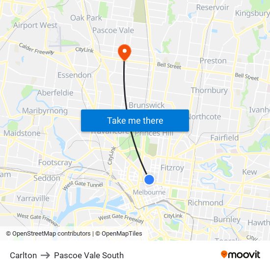 Carlton to Pascoe Vale South map