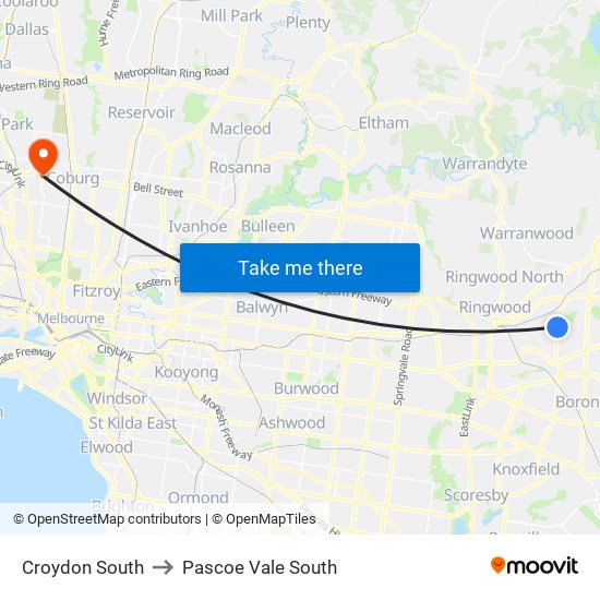 Croydon South to Pascoe Vale South map