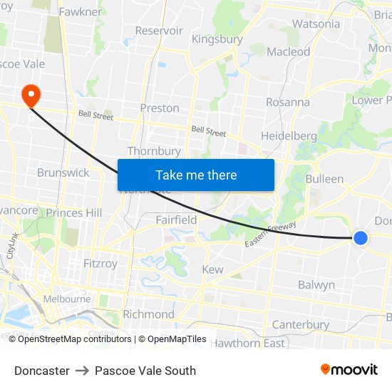 Doncaster to Pascoe Vale South map